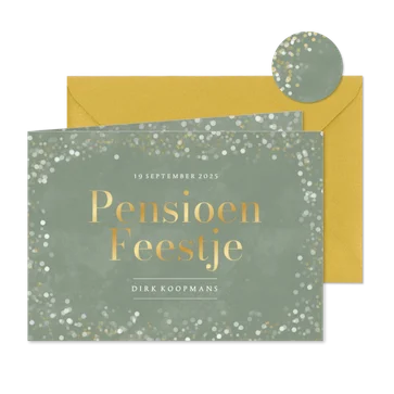 Groene uitnodiging voor pensioen met confetti en goud